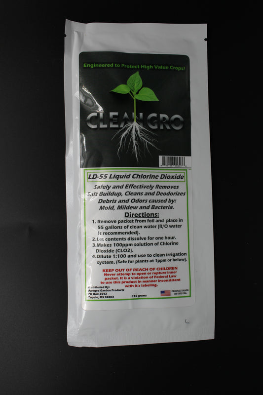 CleanGro LD-55 Liquid Chlorine Dioxide | Irrigation System Cleaner & Odor Eliminator | 100ppm Solution